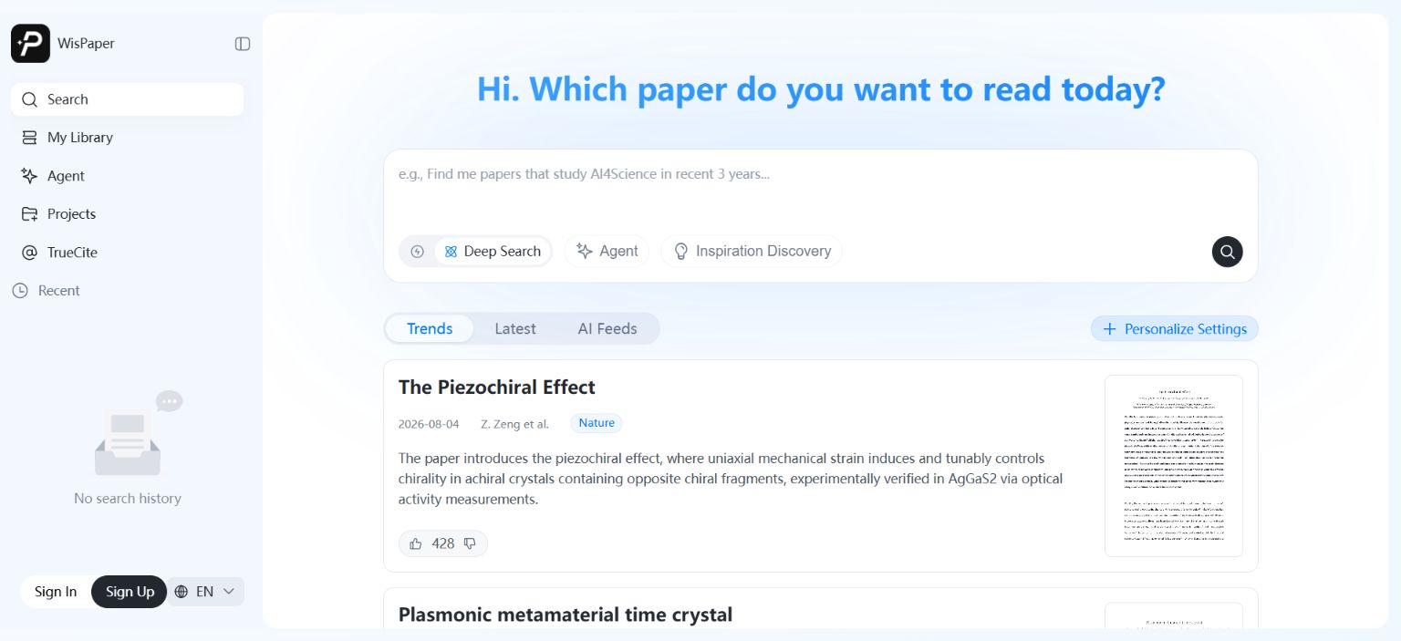 WisPaper search workspace for academic paper discovery