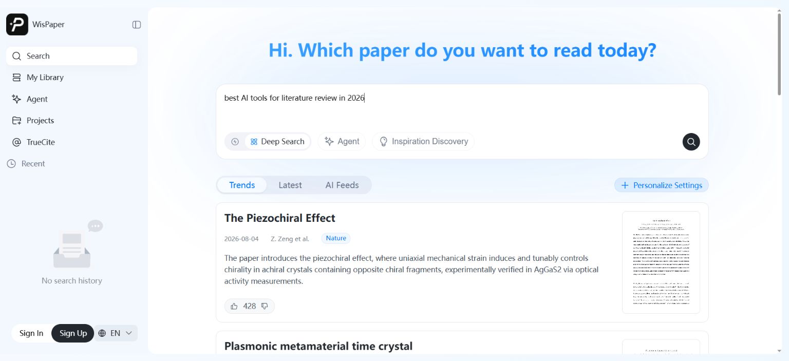 WisPaper academic search workspace with a literature review query